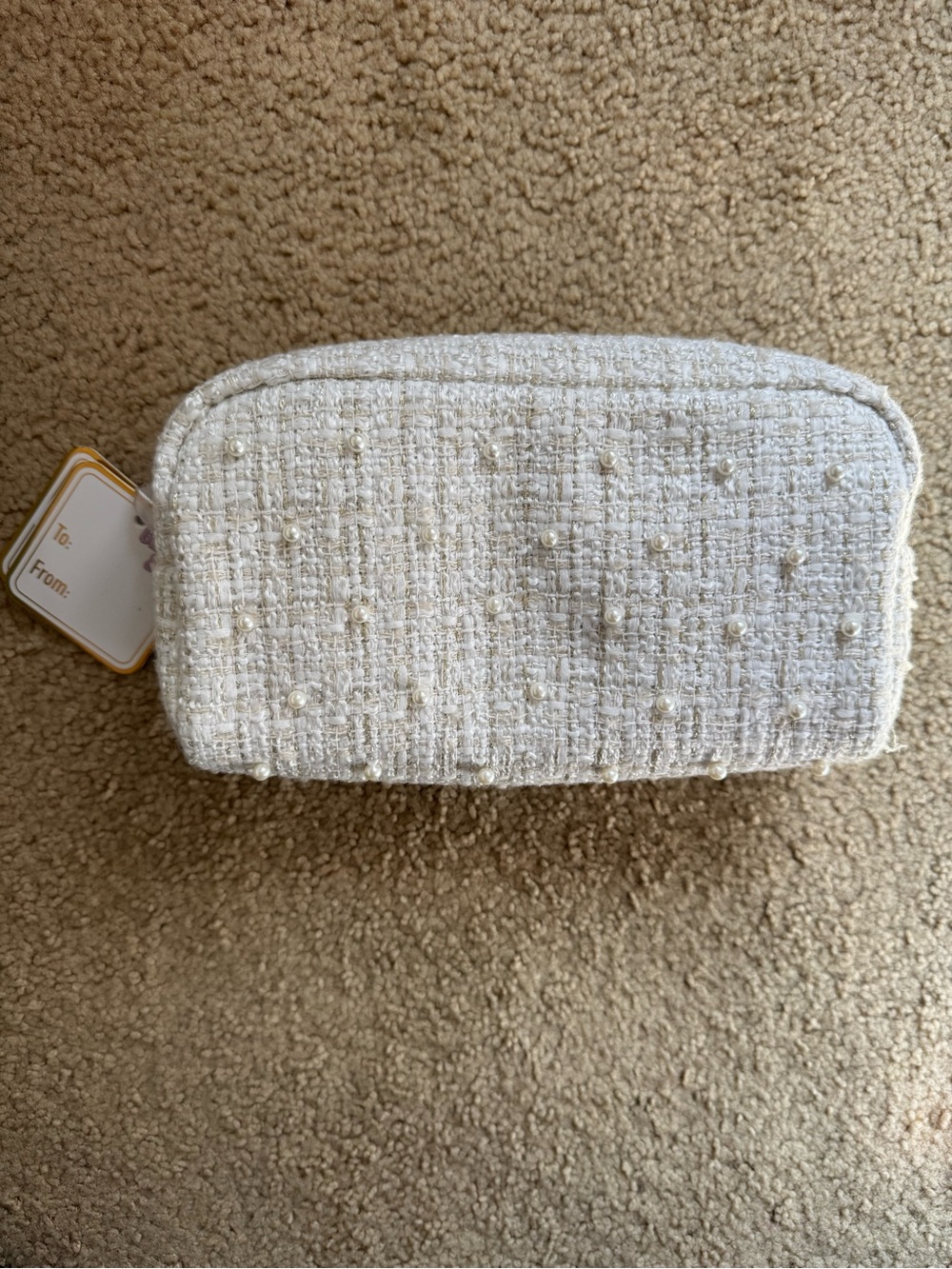 Pearl-Embellished White Tweed Cosmetic Pouch